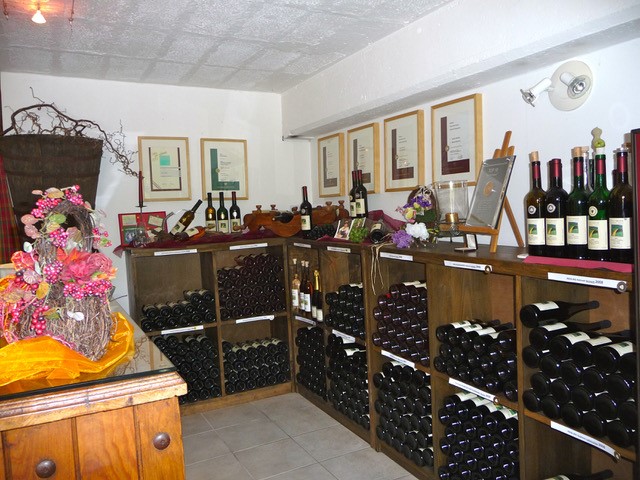 Das Bild zeigt den Verkaufsraum des Weingut Decker mit vielen Weinkisten. Darin liegen Weinflaschen